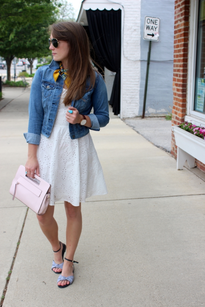 Old Navy White Eyelet Dress with Denim Jacket, Coach Clutch and Silk Neck Scarf