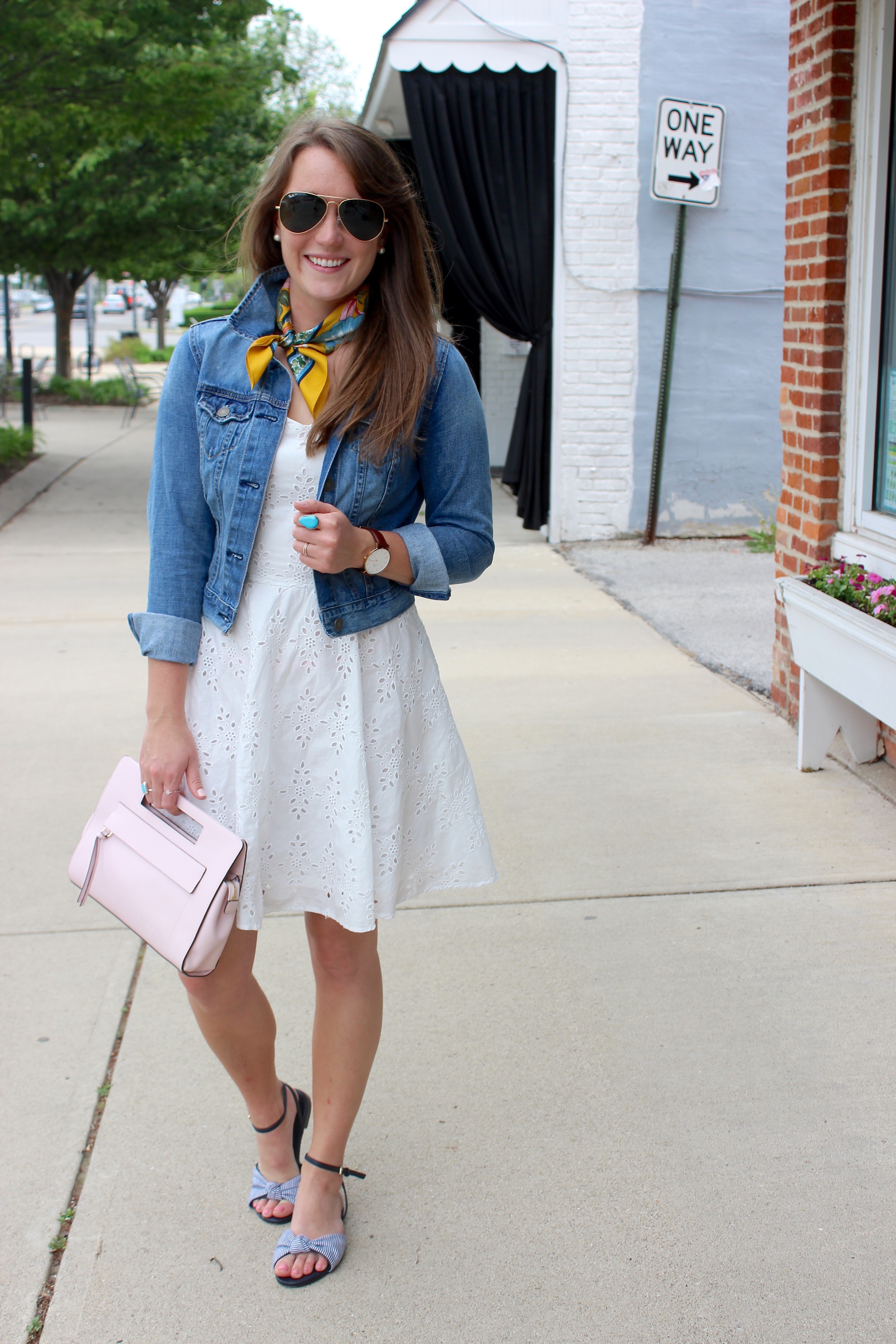 Old Navy White Eyelet Dress with Denim Jacket, Coach Clutch and Silk Neck Scarf