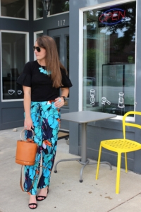 Talbots Toucan Pants with Loft Ruffle Sleeve Tee, Tan Ring Handle Purse and Turquoise Jewelry