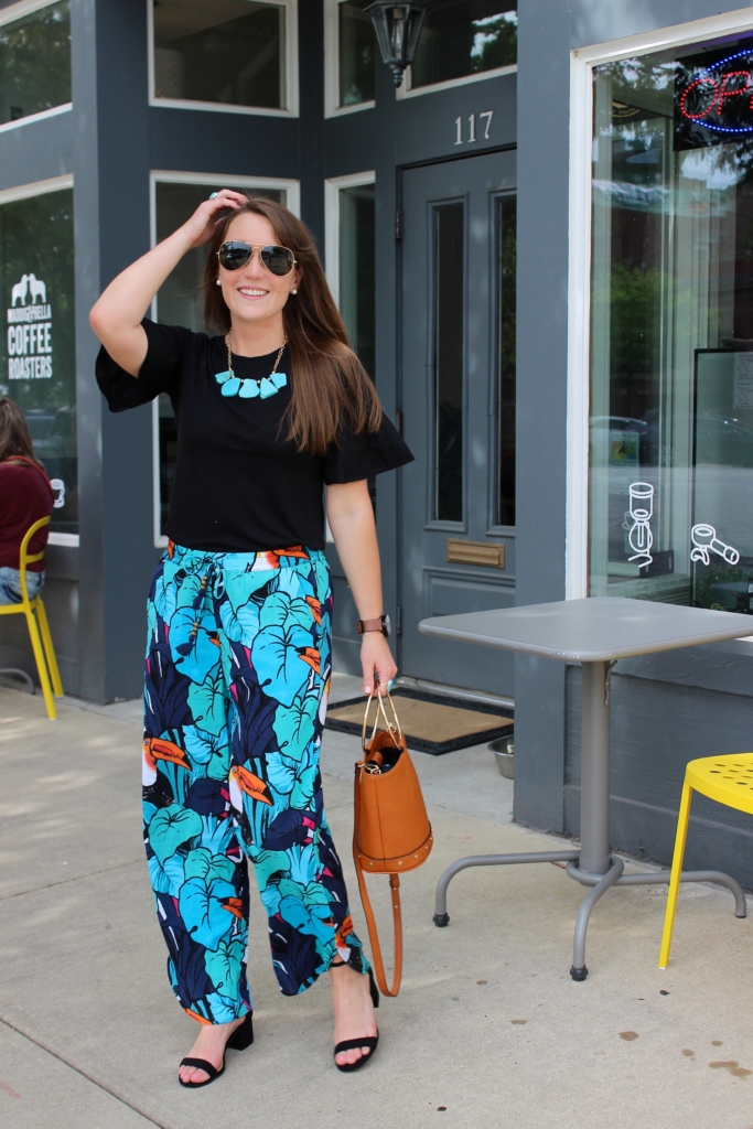 Talbots Toucan Pants with Loft Ruffle Sleeve Tee, Tan Ring Handle Purse and Turquoise Jewelry