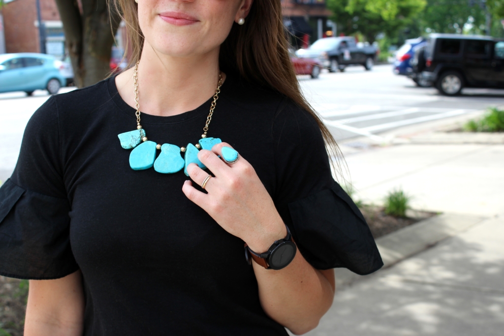 Talbots Toucan Pants with Loft Ruffle Sleeve Tee, Tan Ring Handle Purse and Turquoise Jewelry