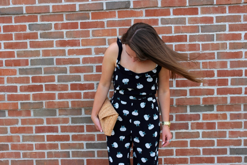 Banana Republic Block Heeled Sandals with LOFT Lotus Ruffle Jumpsuit and J.Crew Factory Cork Envelope Clutch