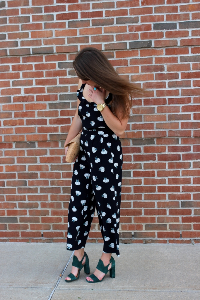 Banana Republic Block Heeled Sandals with LOFT Lotus Ruffle Jumpsuit and J.Crew Factory Cork Envelope Clutch