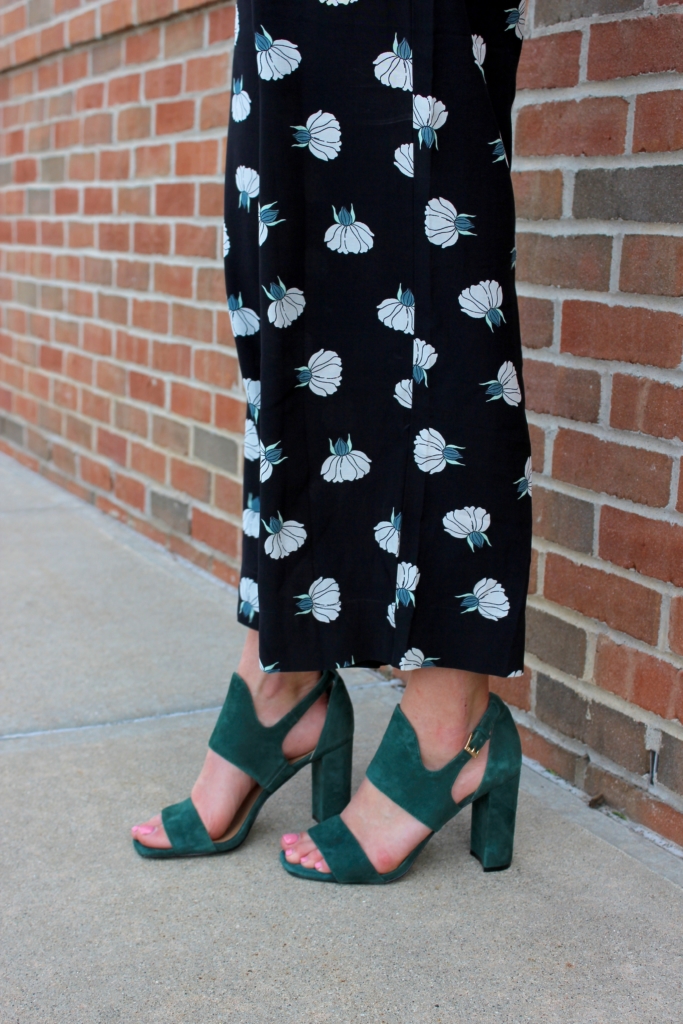 Banana Republic Block Heeled Sandals with LOFT Lotus Ruffle Jumpsuit and J.Crew Factory Cork Envelope Clutch