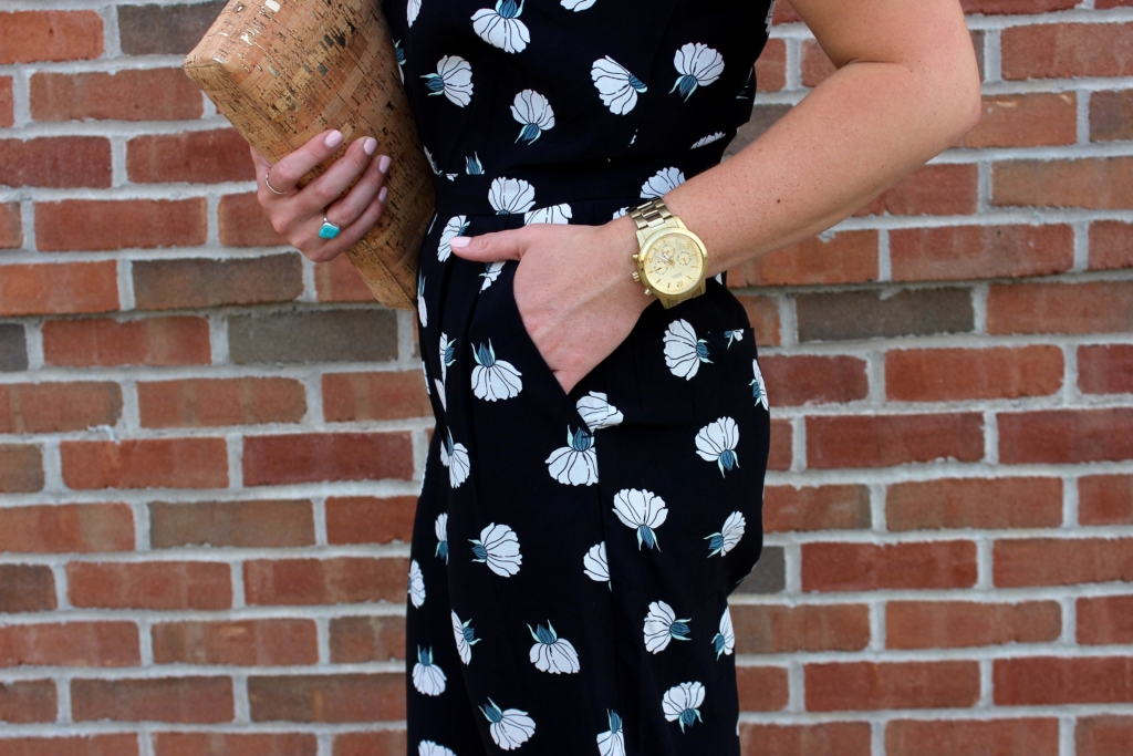 Banana Republic Block Heeled Sandals with LOFT Lotus Ruffle Jumpsuit and J.Crew Factory Cork Envelope Clutch