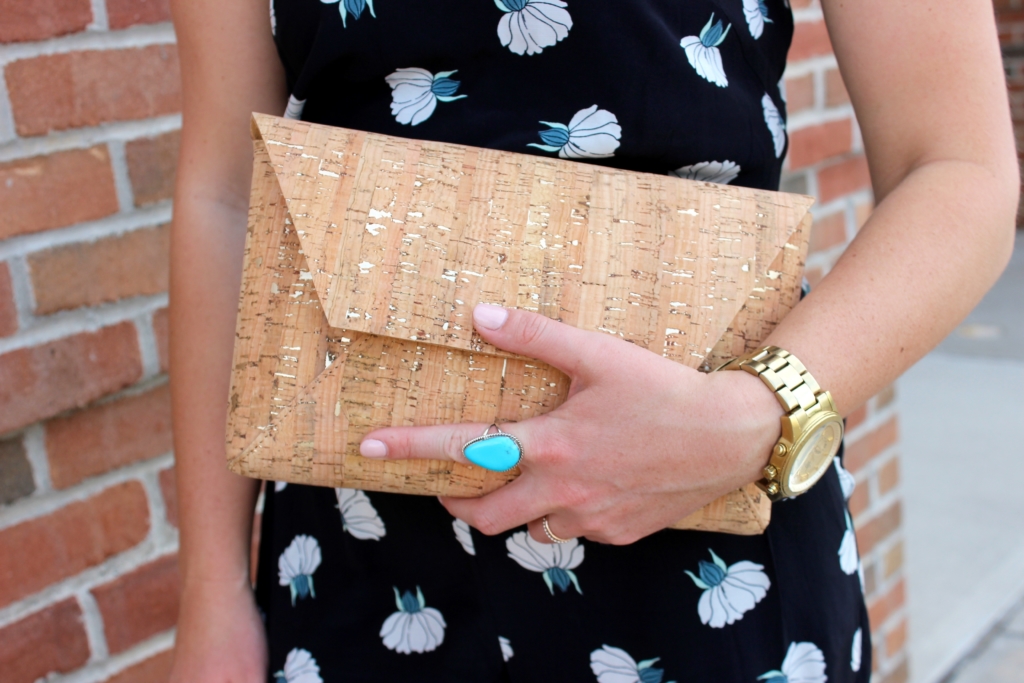 LOFT Lotus Ruffle Jumpsuit with J.Crew Factory Cork Envelope Clutch