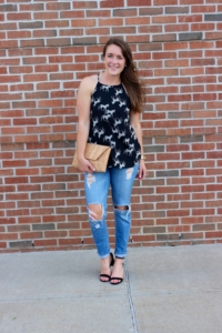 Old Navy Zebra Print Tank top with distressed jeans, cork envelope clutch and black heeled sandals