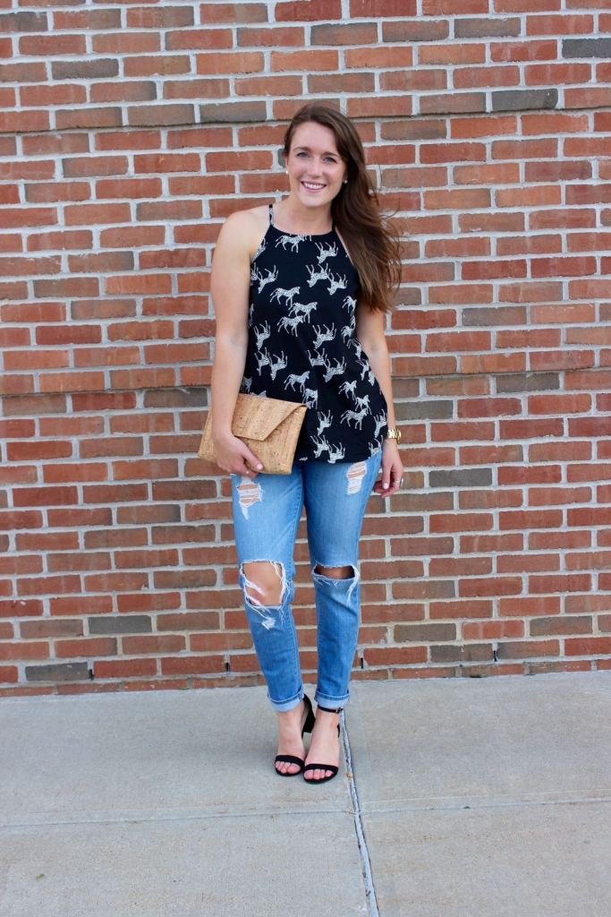 Old Navy Zebra Print Tank top with distressed jeans, cork envelope clutch and black heeled sandals