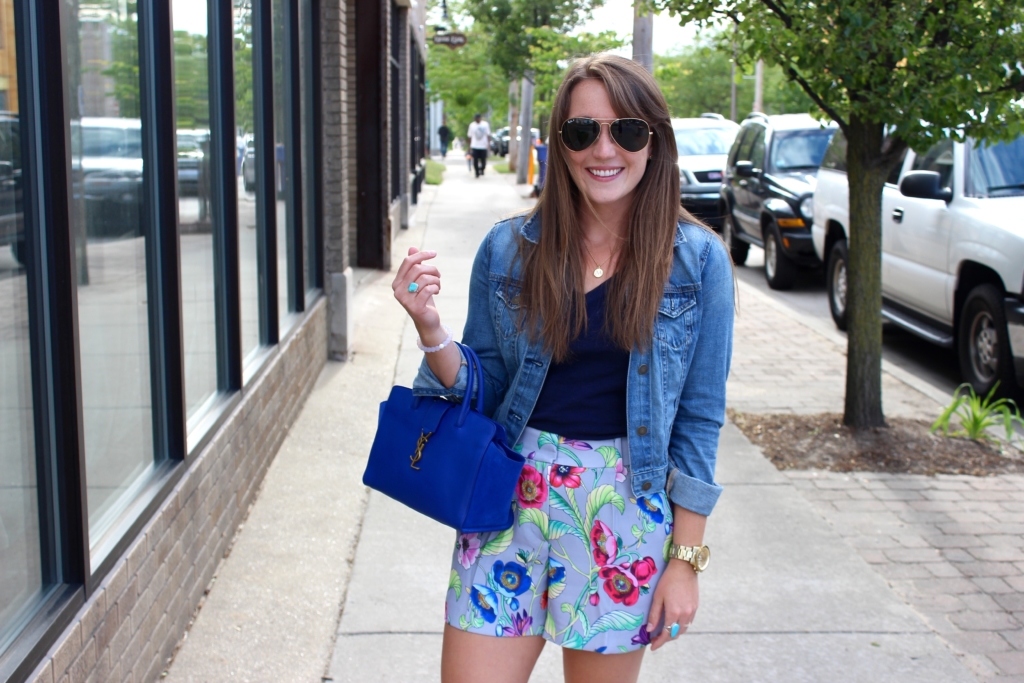 Ann Taylor Floral shorts with YSL bag, Denim Jacket and White Slip on Converse