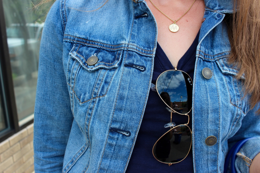 Kate Spade Initial Necklace with Ray Ban Aviators and Cropped Denim Jacket