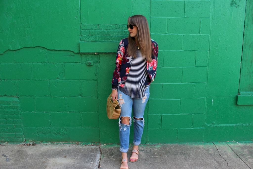 Floral Bomber Jacket with Striped Tank, Distressed Jeans, Embellished Sandals and Cult Gaia Ark Bag