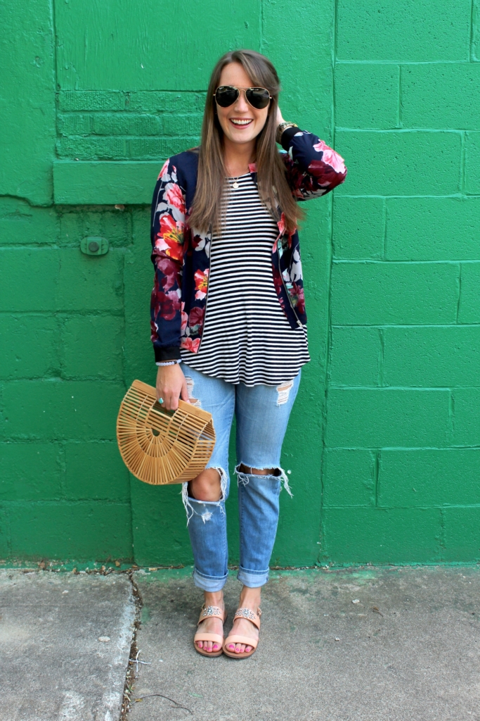 Floral Bomber Jacket with Striped Tank, Distressed Jeans, Embellished Sandals and Cult Gaia Ark Bag