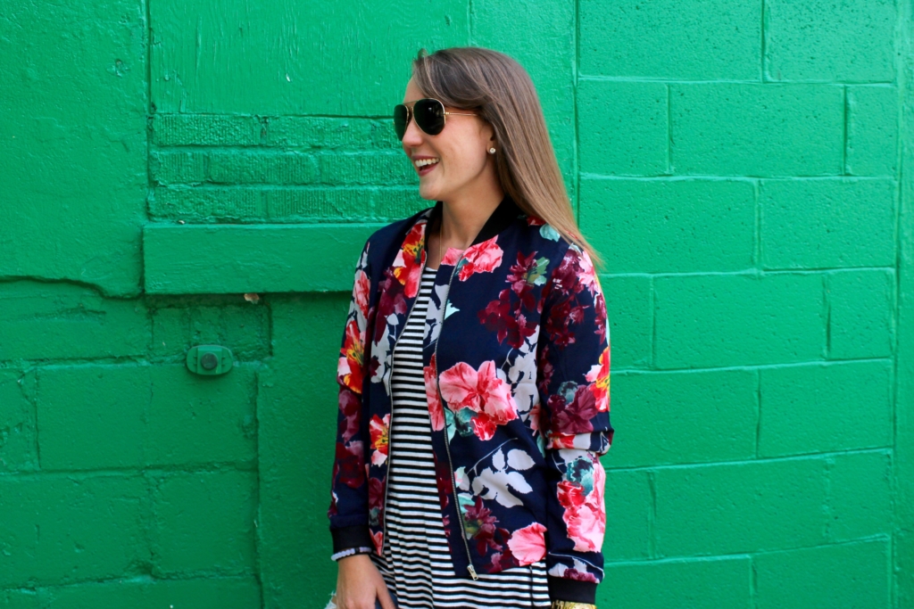 Floral Bomber Jacket with Striped Tank, Distressed Jeans, Embellished Sandals and Cult Gaia Ark Bag