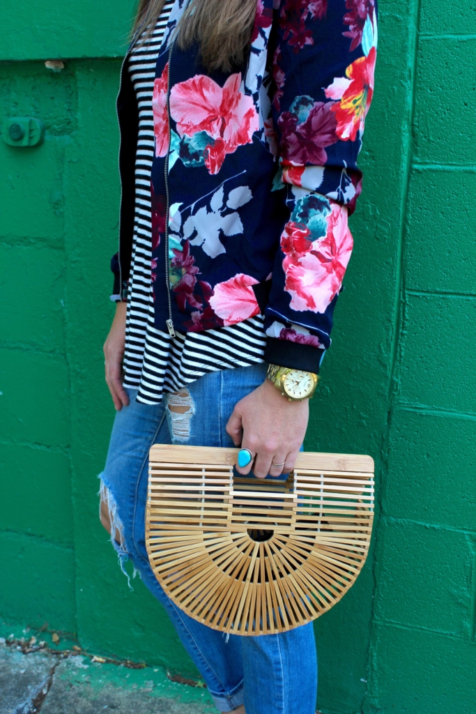 Floral Bomber Jacket with Striped Tank, Distressed Jeans, Embellished Sandals and Cult Gaia Ark Bag