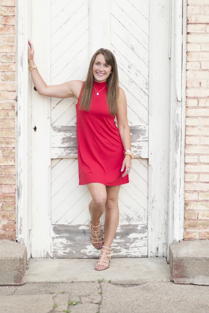 red sundress with sam edelman studded sandals