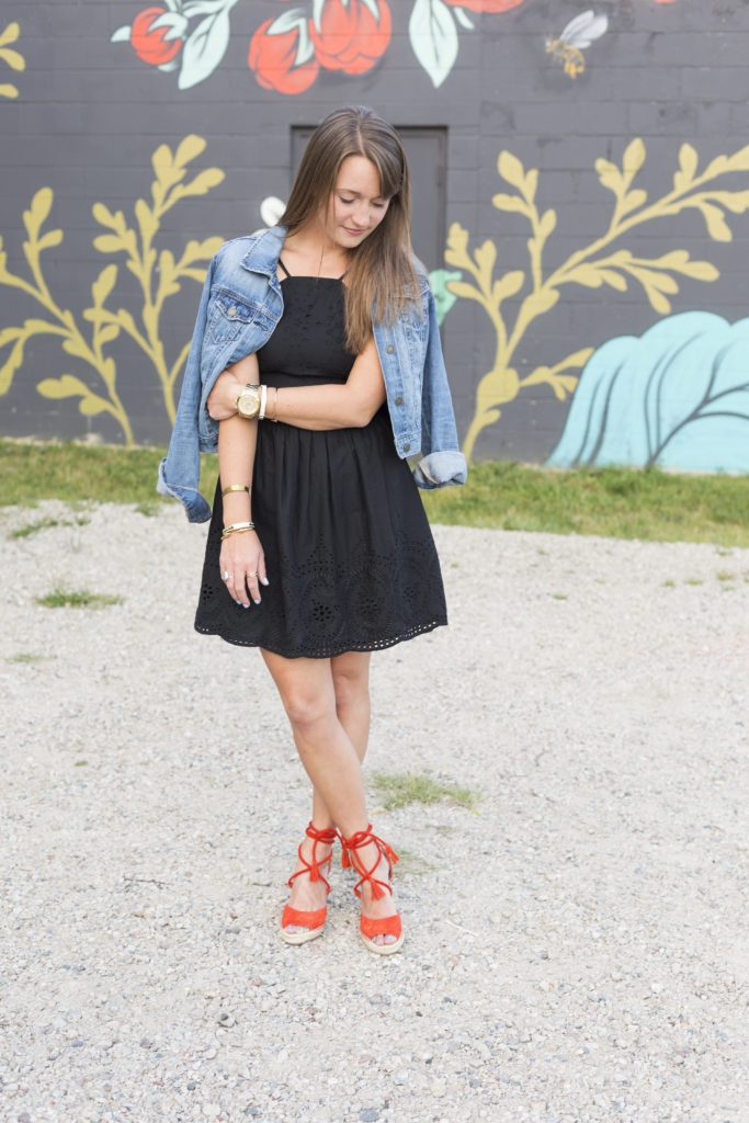 abercrombie black eyelet sundress and denim jacket with joie wedges