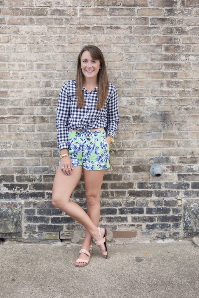 kate spade raffia crossbody purse with floral shorts and gingham shirt