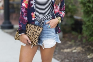 Jean shorts with striped tank and floral bomber