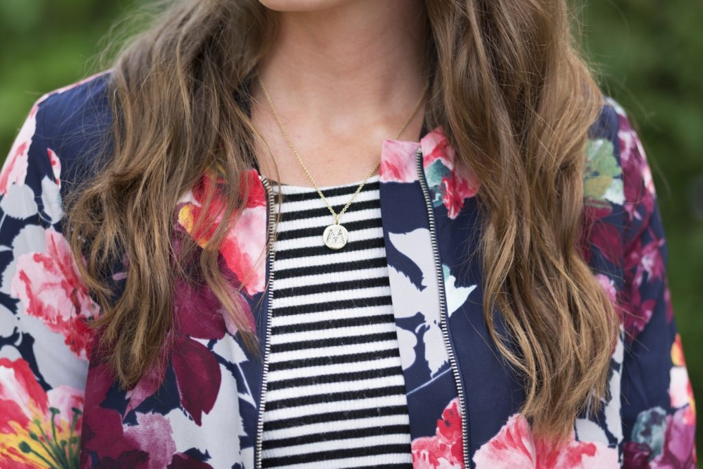 striped tank with floral bomber and kate spade initial necklace