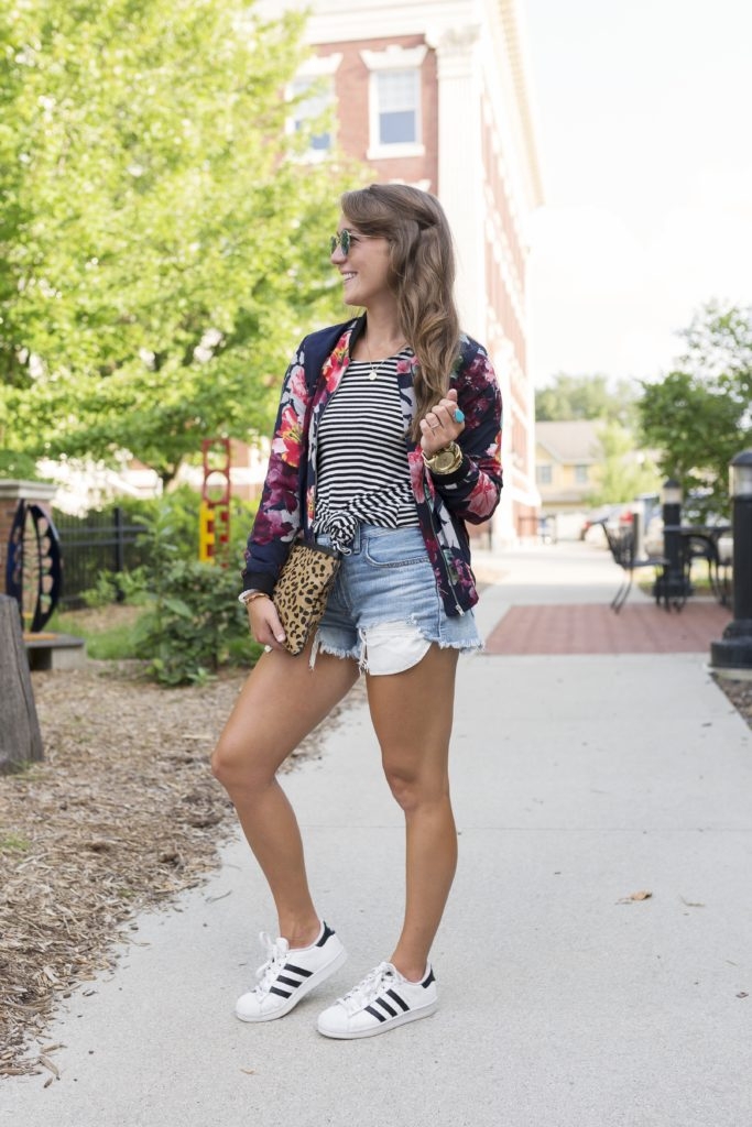 Jean shorts with striped tank and floral bomber