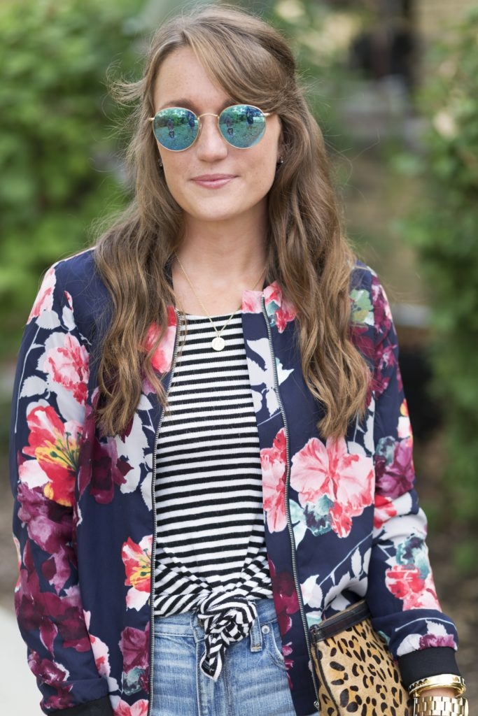 Jean shorts with striped tank, floral bomber and leopard clutch