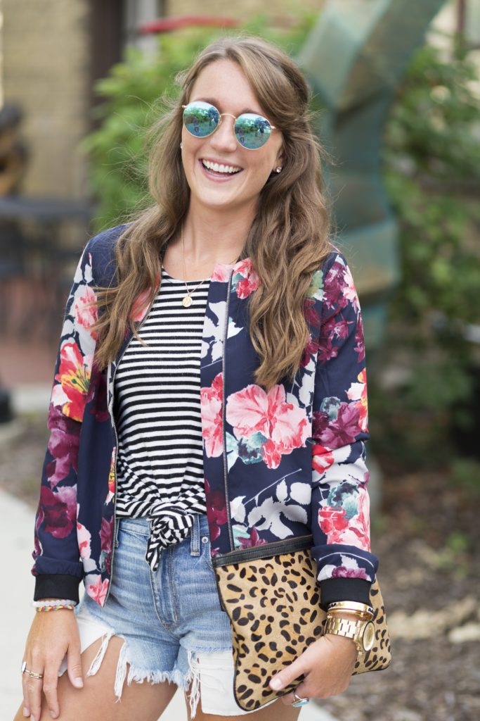 Jean shorts with striped tank and floral bomber