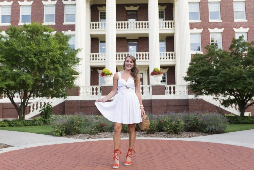 white linen dress with joie wedges and cult gaia bag