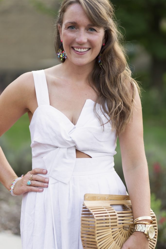 white linen dress with joie wedges and cult gaia bag