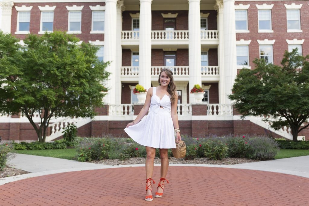 white linen dress with joie wedges and cult gaia bag