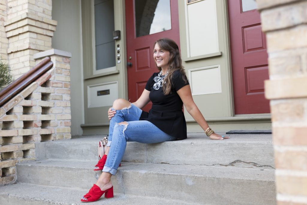 Red Bow Mules with Distressed Denim and Floral Zara Round Embroidered Purse