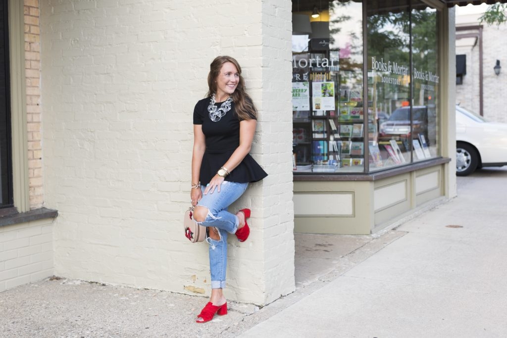 Red Bow Mules with Distressed Denim and Floral Zara Round Embroidered Purse