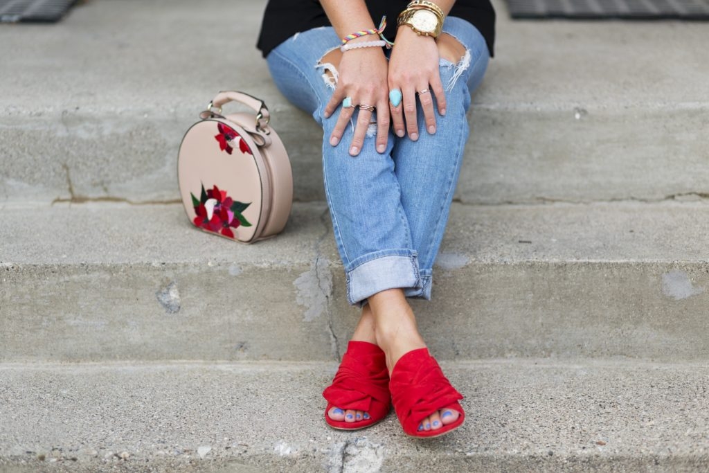 Red Bow Mules with Distressed Denim and Floral Zara Round Embroidered Purse