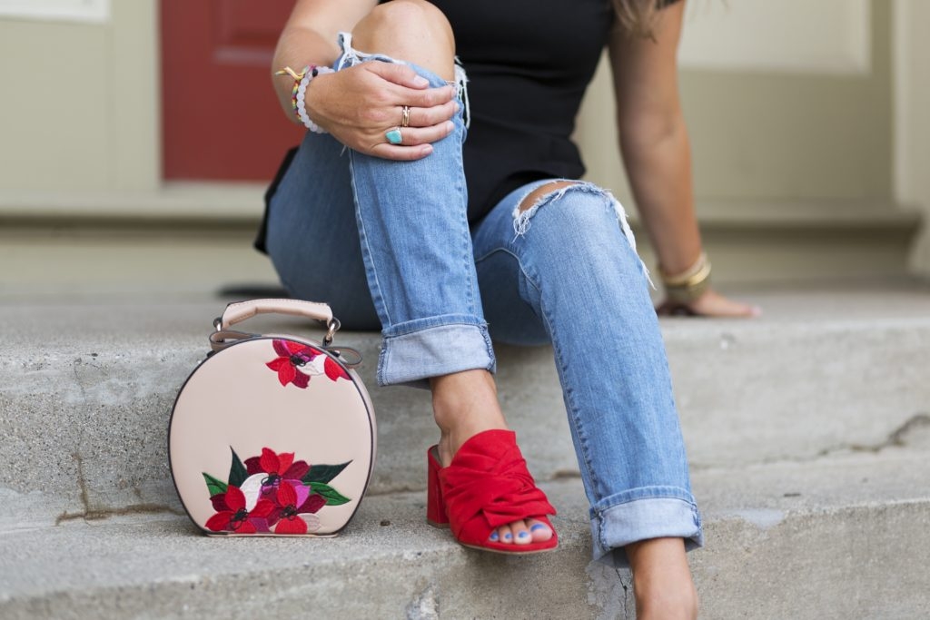 Red Bow Mules with Distressed Denim and Floral Zara Round Embroidered Purse