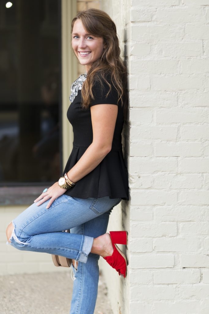 Red Bow Mules with Distressed Denim and Floral Zara Round Embroidered Purse