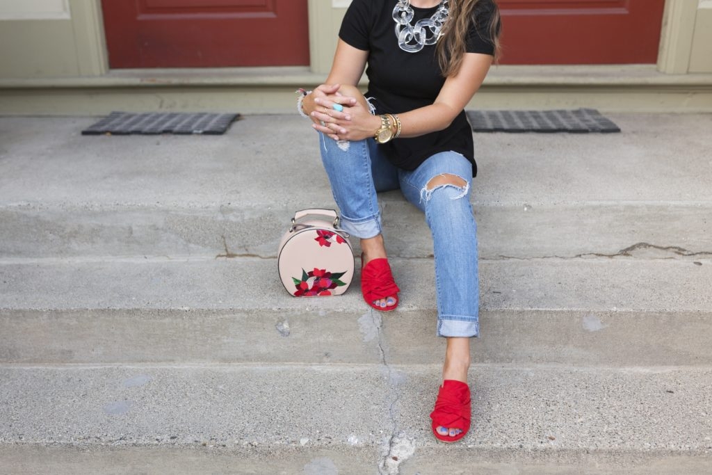 Red Bow Mules with Distressed Denim and Floral Zara Round Embroidered Purse