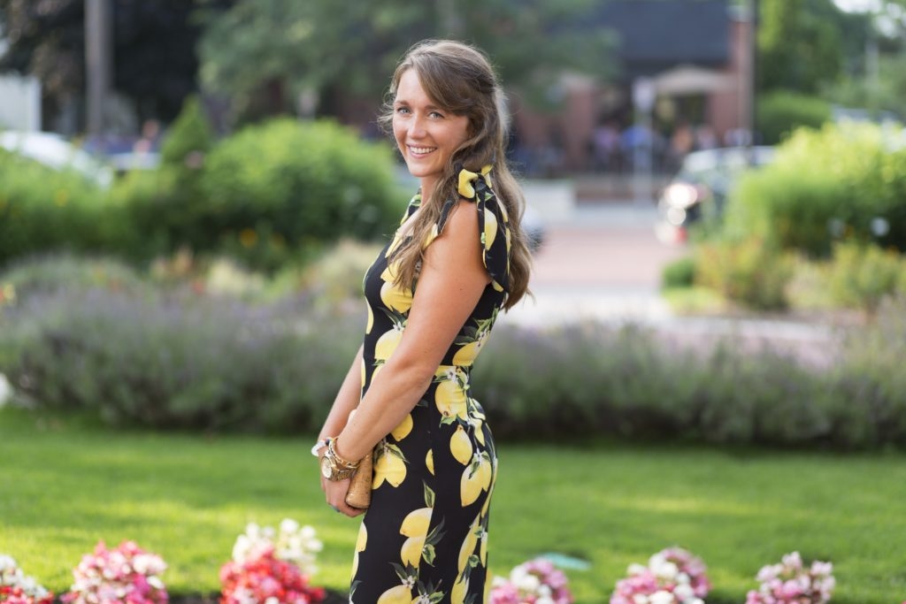 Lemon print midi dress with cork clutch and steve madden sandals