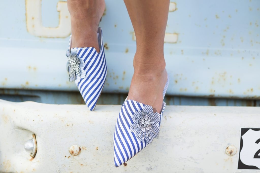 zara blue and white striped embellished mules