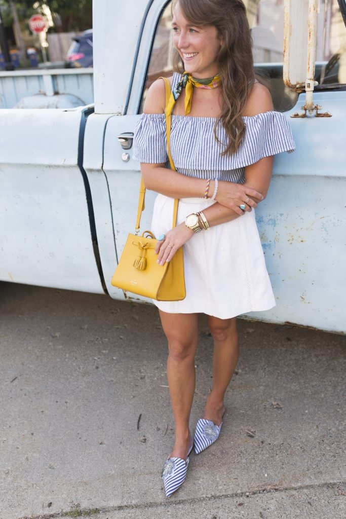 yellow kate spade small isobel with white jcrew skirt and striped off the shoulder top