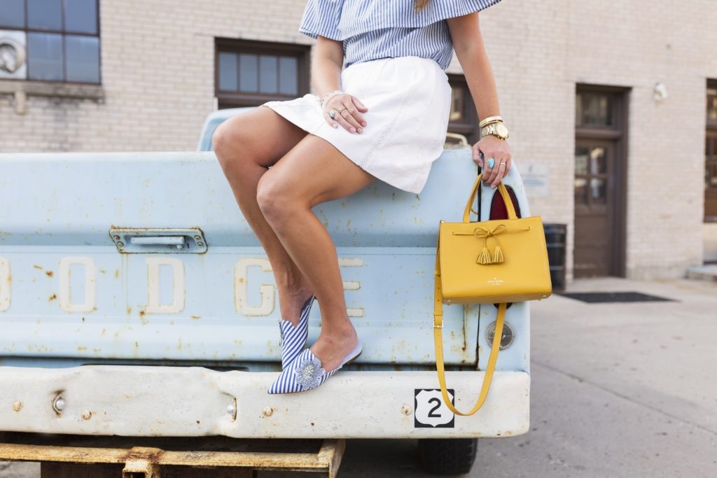 yellow kate spade small isobel with white jcrew skirt and striped off the shoulder top