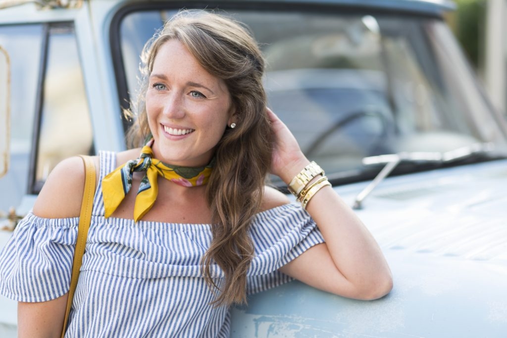 LOFT yellow silk scarf with Jcrew off the shoulder striped blouse