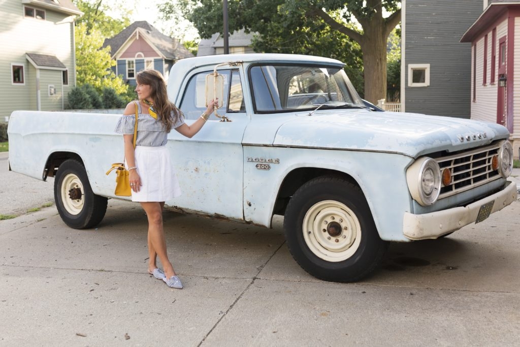 yellow kate spade small isobel with white jcrew skirt and striped off the shoulder top