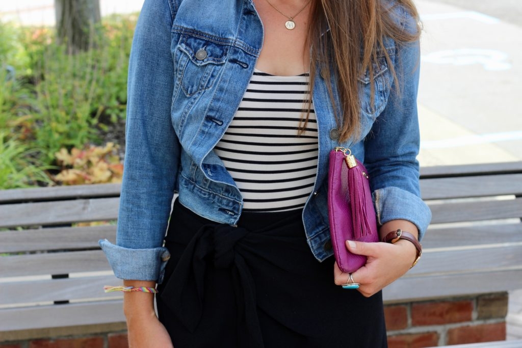 Denim Jacket with Striped Bodysuit, Black Skirt and Leopard Mules