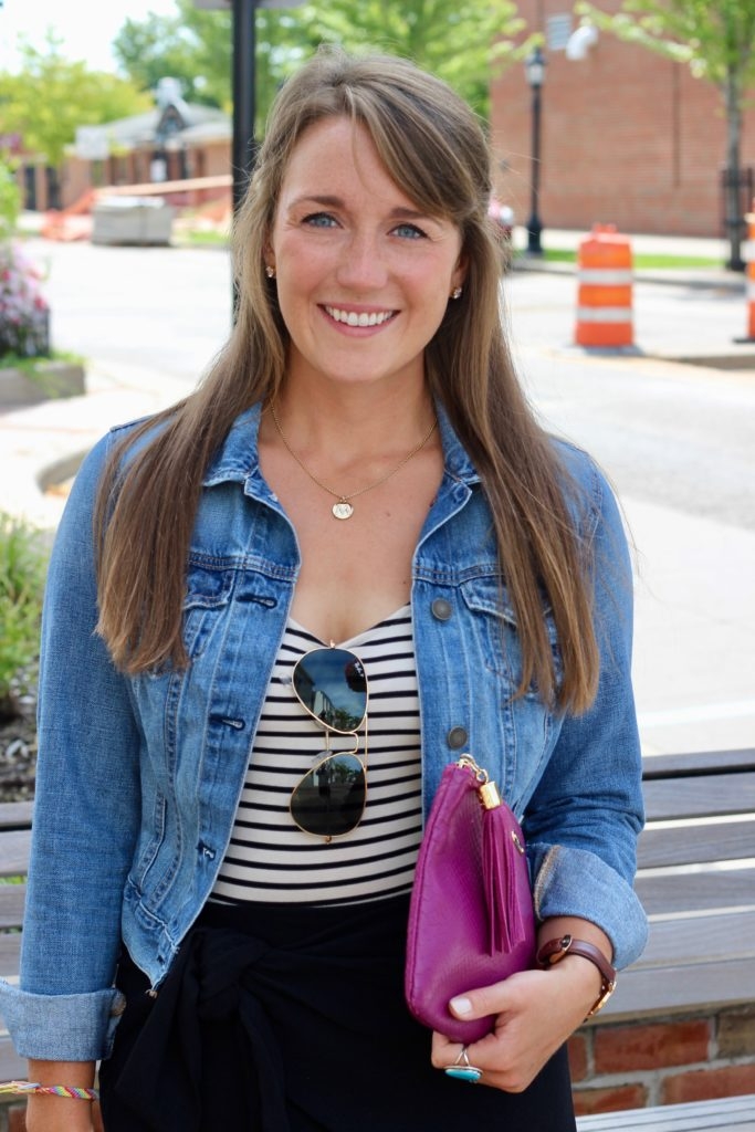 Denim Jacket with Striped Bodysuit, Black Skirt and Leopard Mules