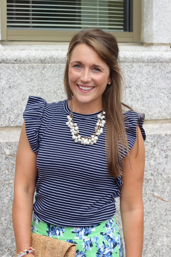 Banana Republic Striped Ruffled top with pearl necklace