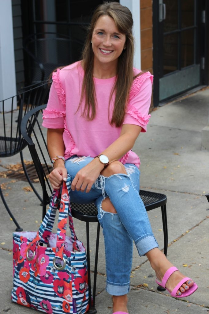 Pink Ruffle H&M tee with ripped jeans and pink sandals