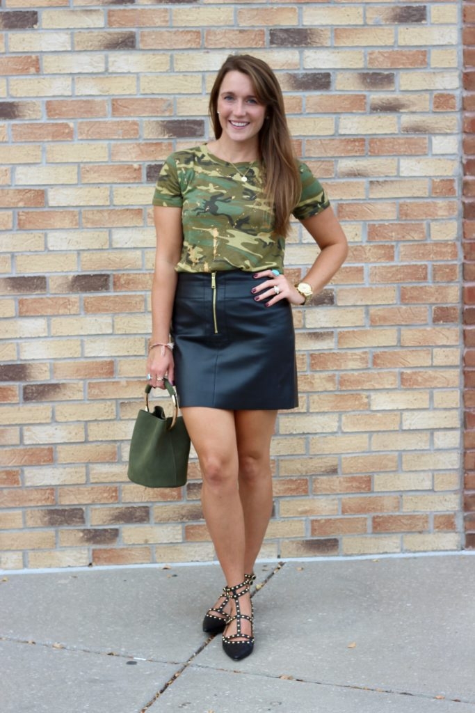 Camo J.Crew Tee with Leather Miniskirt