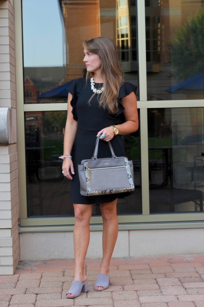 Black Ruffle Sleeve Dress with Gray Mules and Pearls for Work