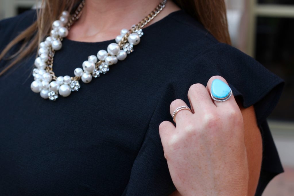 black ruffle sleeve dress with pearls for work