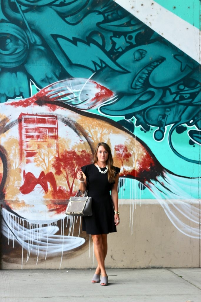 Black Ruffle Sleeve Dress with Gray Mules and Pearls for Work