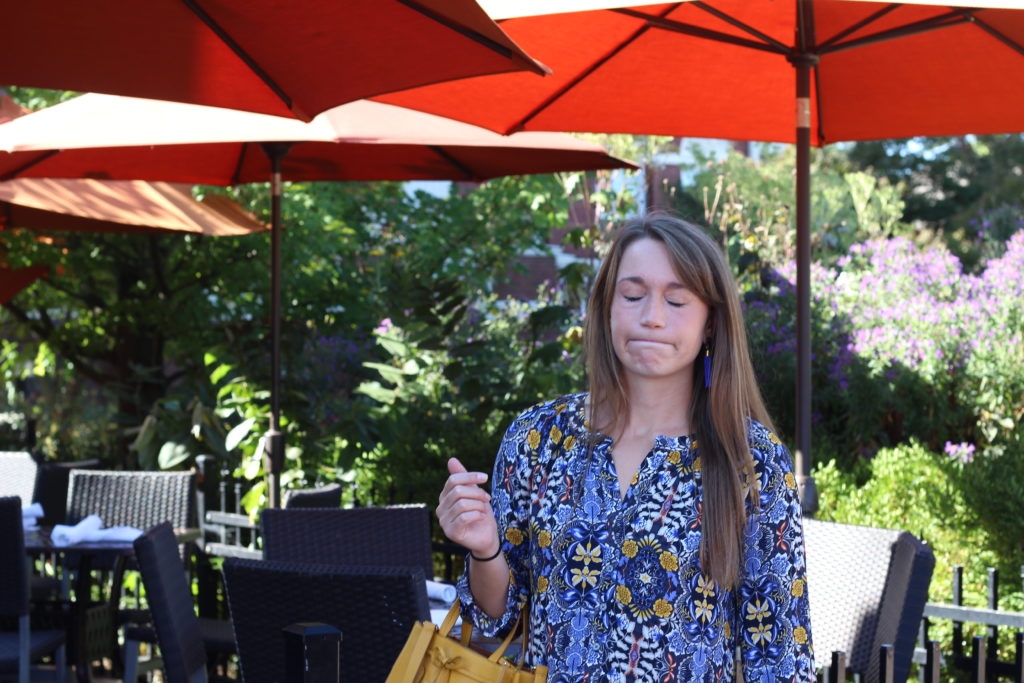 LOFT blue floral dress with gray mules and mustard purse